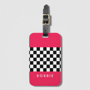 Étiquette À Bagage Rose lumineux et damier