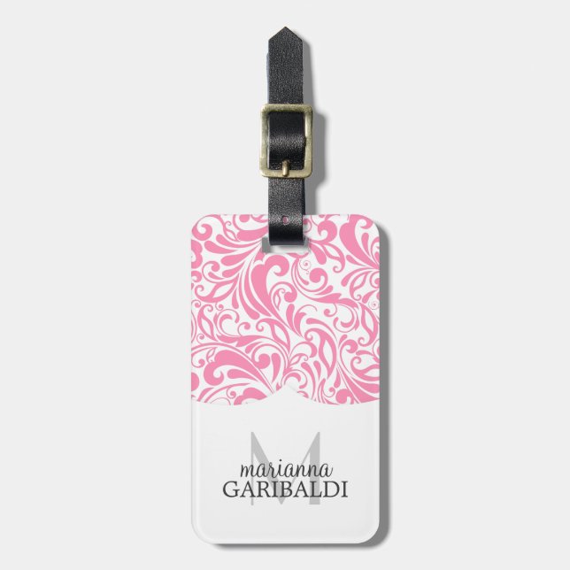 Étiquette À Bagage Rose moderne de damassé personnalisé (Devant Vertical)
