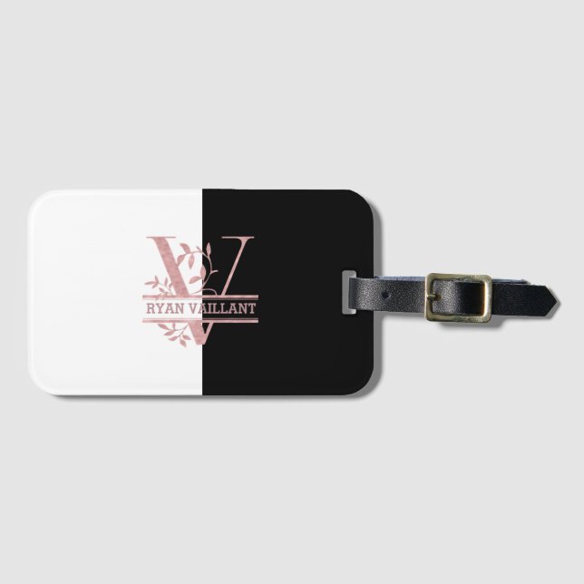 Étiquette À Bagage Rose moderne Gold Split Monogramme personnalisé V (Devant Horizontal)