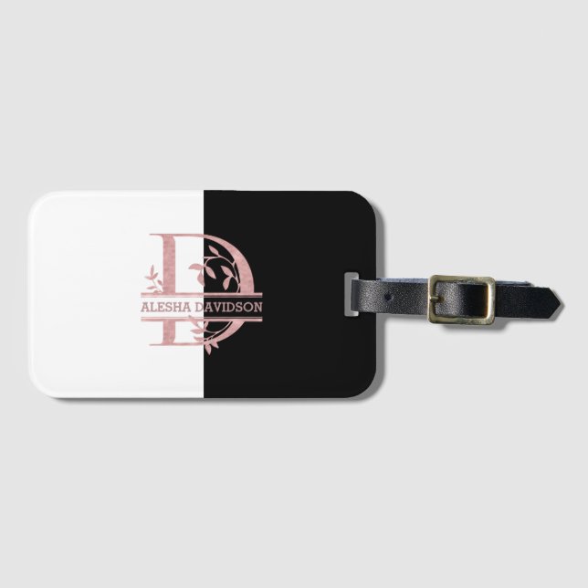 Étiquette À Bagage Rose moderne Gold Split Personnalisé Monogramme A, (Devant Horizontal)