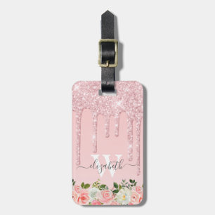 Étiquette À Bagage Rose monogramme Parties scintillant or gouttes ros