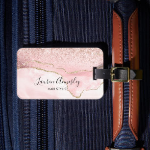 Étiquette À Bagage Rose Pâle Faux Marbre Agate Personnalisé