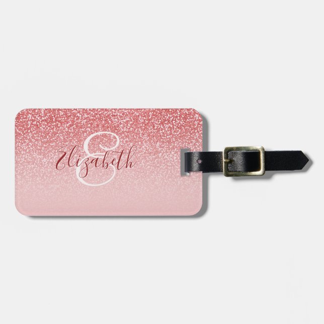 Étiquette À Bagage Rose Parties scintillant or Blush Ombre Monogram (Devant horizontal)