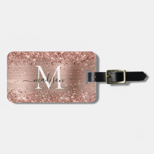 Étiquette À Bagage Rose Parties scintillant or brossé métal Monogramm