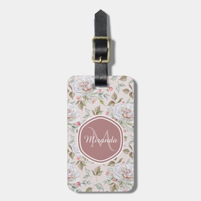 Étiquette À Bagage Rose rose pâle Motif avec Monogramme et nom (Devant Vertical)