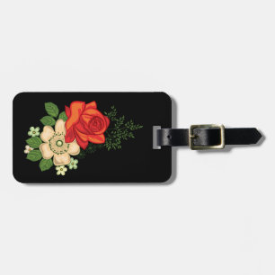 Étiquette À Bagage Rose rouge et marguerites Arrière - plan noir