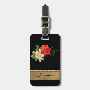 Étiquette À Bagage Rose rouge et marguerites nom personnalisé or