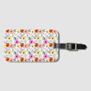 Étiquette À Bagage Rose, Rouge, Fleurs Florales Jaunes Aquarelle