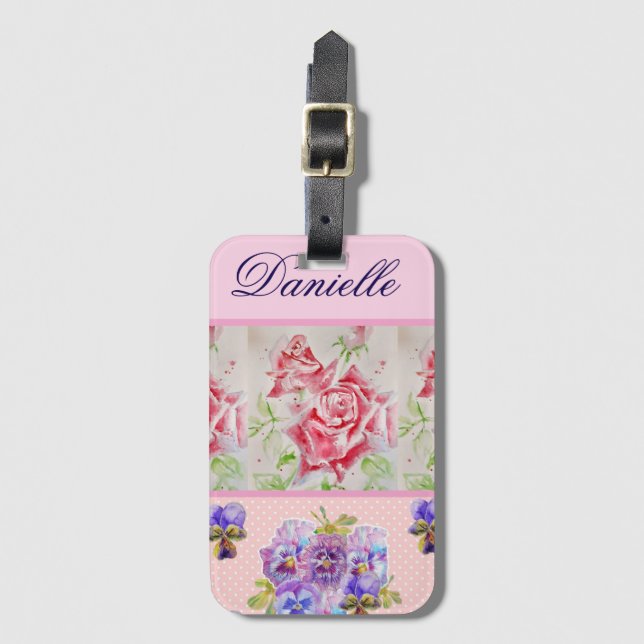 Étiquette À Bagage Rose rouge Shabby Chic Aquarelle Rose Rose Floral (Devant Vertical)