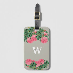 Étiquette À Bagage Rose vintage rose sur monogramme gris