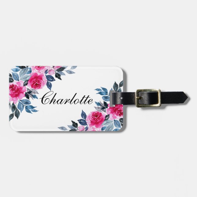 Étiquette À Bagage Roses d'aquarelle rose personnalisée (Devant horizontal)