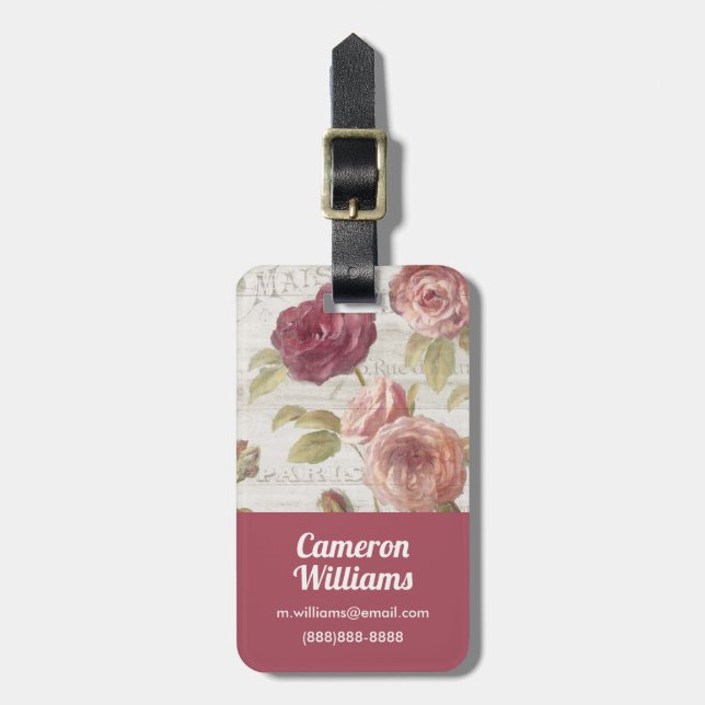 Étiquette À Bagage Roses de Français de rose en pastel (Devant Vertical)
