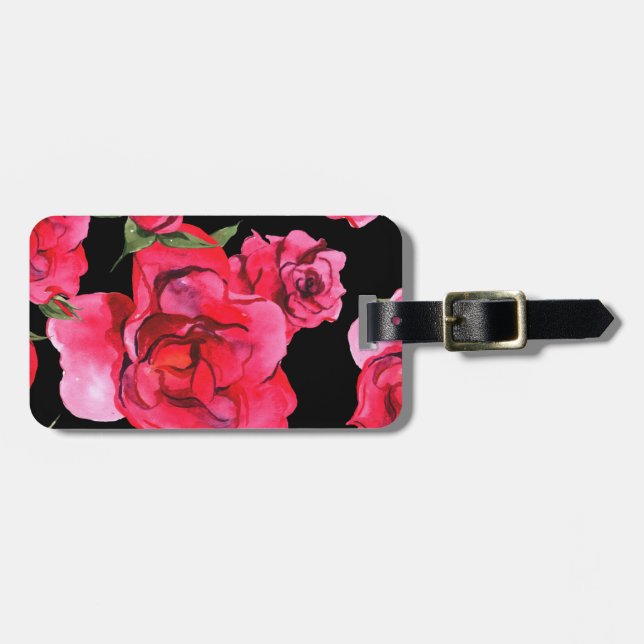 Étiquette À Bagage Roses et verdure rouges d'aquarelle sur le noir (Devant horizontal)