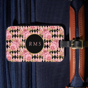 Étiquette À Bagage Roses roses sur le Monogramme arlequin
