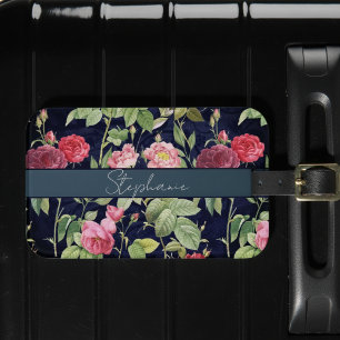 Étiquette À Bagage Roses vintages Sur Un Velours Bleu Foncé Nom