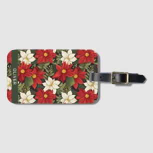 Étiquette À Bagage Rouge Blanc Vert Poinsettia Fleurs Motif