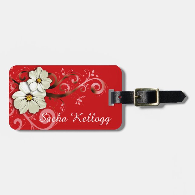 Étiquette À Bagage Rouge de tourbillonnement floral moderne des (Devant horizontal)