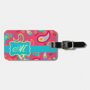 Étiquette À Bagage Rouge Turquoise moderne Paisley Motif Monogramme