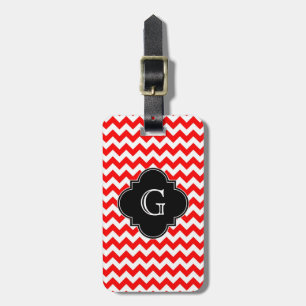 Étiquette À Bagage Rouge vif blanc chevron noir monogramme quatrefeui