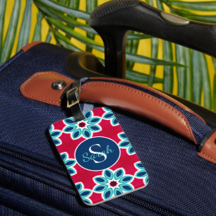Étiquette À Bagage Rouge vif et bleu moderne géométrique personnalisé