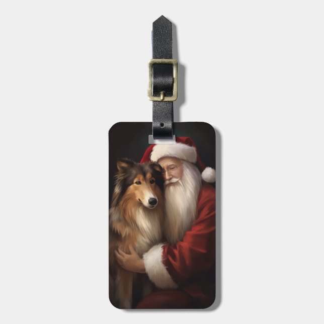 Étiquette À Bagage Rough Collie Avec Noël Festif Du Père Noël (Devant Vertical)