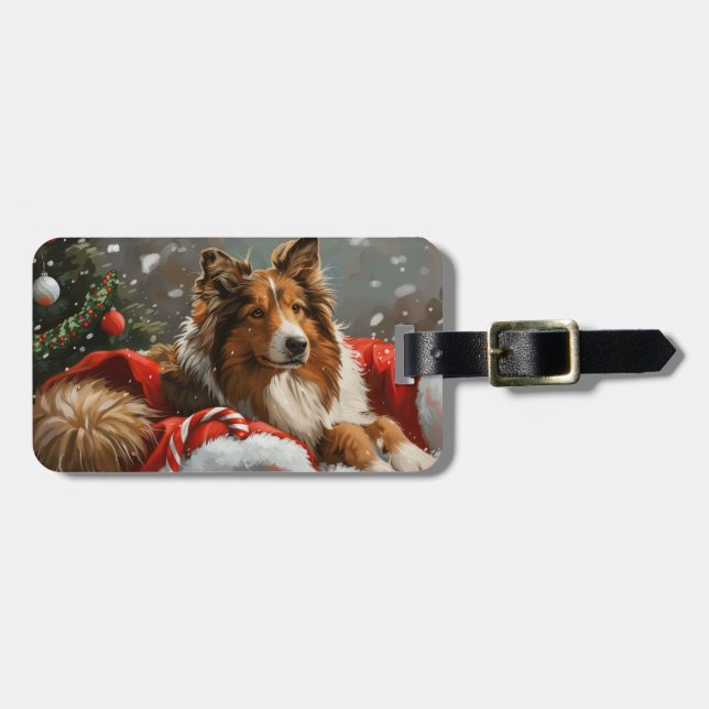 Étiquette À Bagage Rough Collie Chien Festif de Noël (Devant horizontal)