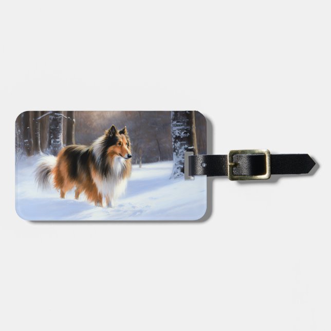 Étiquette À Bagage Rough Collie Laisser Neige Noël (Devant horizontal)