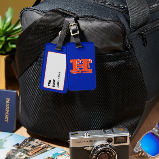 Étiquette À Bagage Royal Blue and Orange Varsity School Monogram (Recto & Verso)