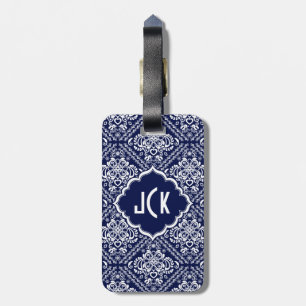 Étiquette À Bagage Royal Blue & White Floral Damask 7 Motif