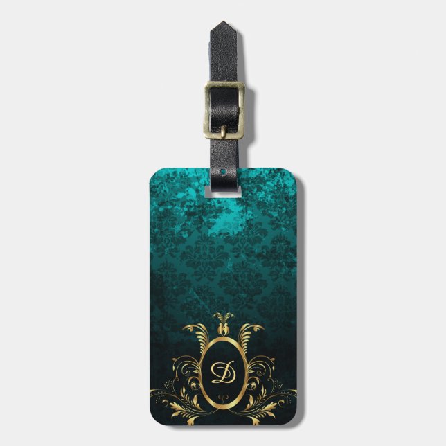 Étiquette À Bagage Royal Personalized Damask Turquoise (Devant Vertical)