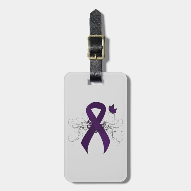 Étiquette À Bagage Ruban de sensibilisation au violet avec papillon (Devant Vertical)