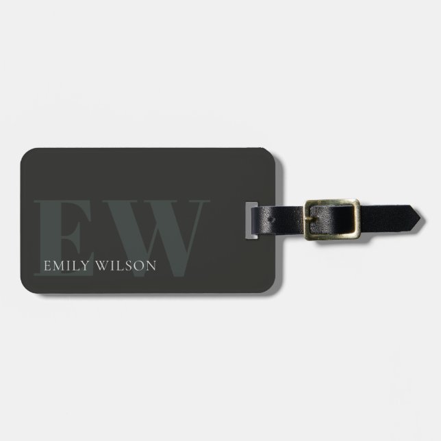 Étiquette À Bagage Rustic Dark Dusky Green Monogramme noir Adresse (Devant horizontal)
