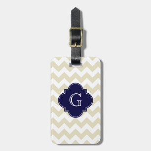 Étiquette À Bagage Sable Beige Blanc Chevron Marine Quatrefoil Monogr