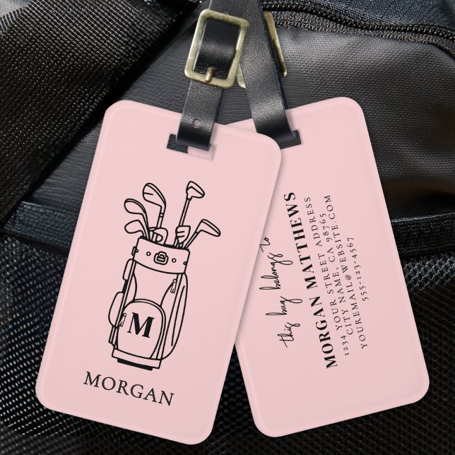 Étiquette À Bagage Sac de golf de Monogramme rose (Pink Monogram Golf Bag Luggage Tag)
