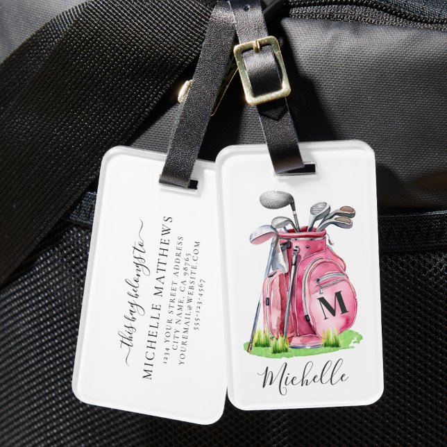 Étiquette À Bagage Sac de golf de Monogramme rose (Pink Monogram Golf Bag Luggage Tag)