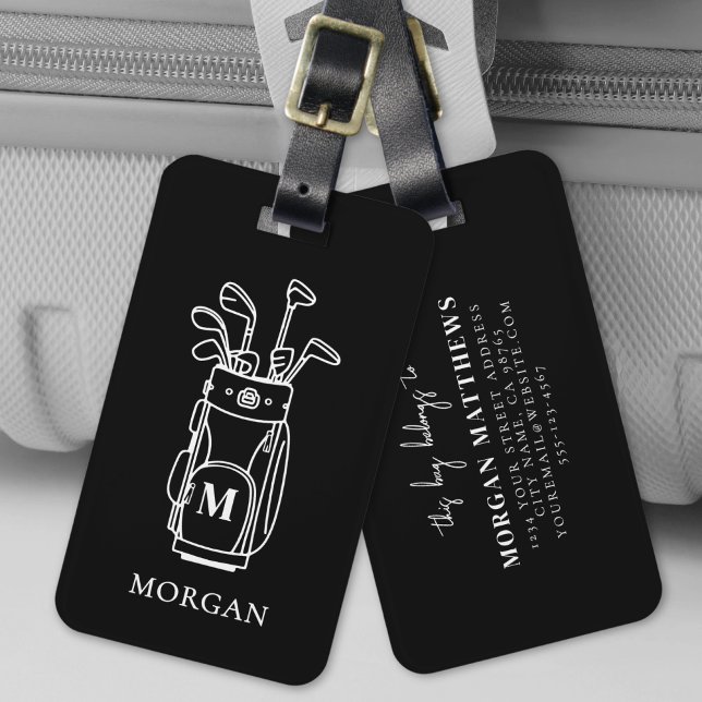 Étiquette À Bagage Sac de golf Monogramme noir (Black Monogram Golf Bag Luggage Tag)