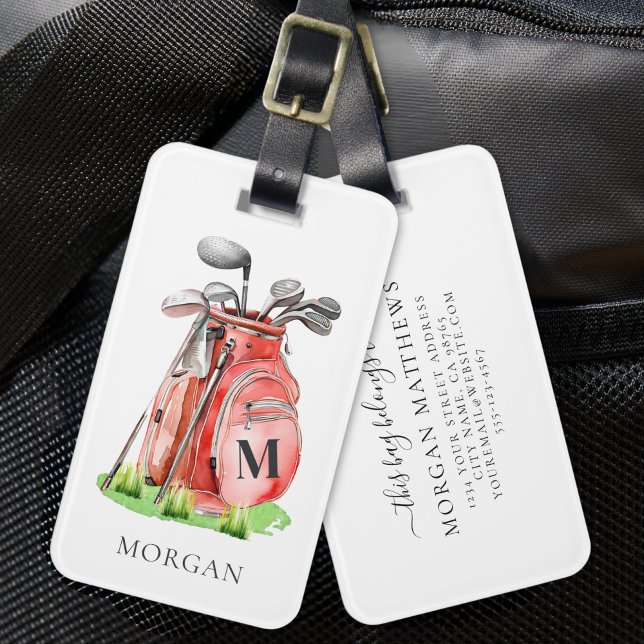 Étiquette À Bagage Sac de golf rouge Monogramme (Monogram Red Golf Bag Luggage Tag)