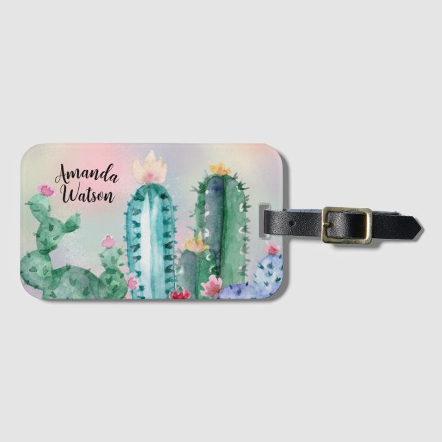 Étiquette À Bagage Sac fourre-tout de cactus aquarelle (Devant Horizontal)