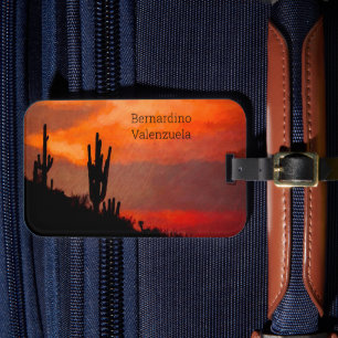 Étiquette À Bagage Saguaro Cactus Silhouette Arizona Red Sunset