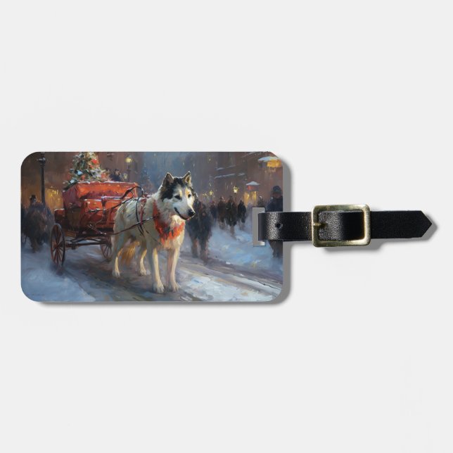 Étiquette À Bagage Saison de Noël du Malamute de l'Alaska (Devant horizontal)