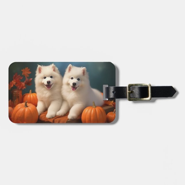 Étiquette À Bagage Samoyed Chiot Automne Citrouille de plaisir (Devant horizontal)