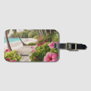 Étiquette À Bagage Sandy Beach Tropical Hawaii Pink Hibiscus Fleurs