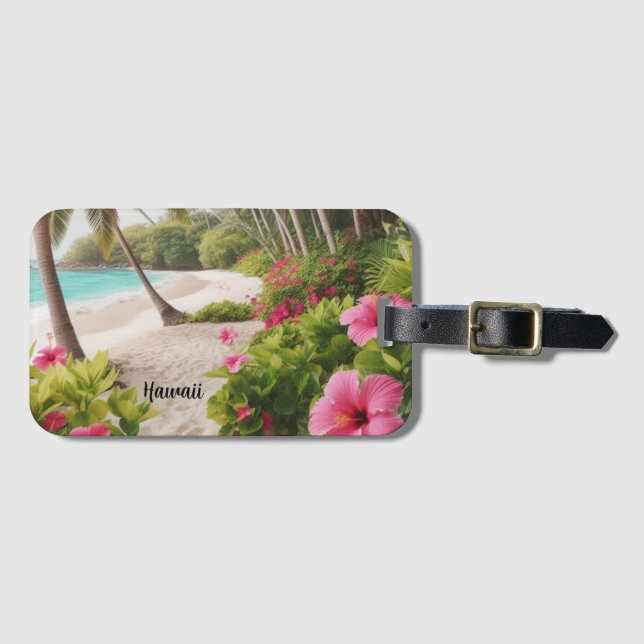 Étiquette À Bagage Sandy Beach Tropical Hawaii Pink Hibiscus Fleurs (Devant Horizontal)