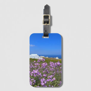 Étiquette À Bagage Santorin Grèce Bâtiment blanc Violet Fleur sauvage