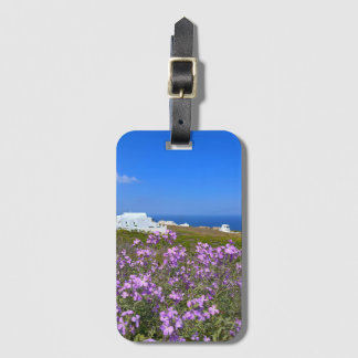 Étiquette À Bagage Santorin Grèce Bâtiment blanc Violet Fleur sauvage