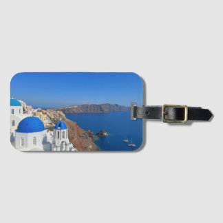 Étiquette À Bagage Santorin Grèce Bleu Domed Church photo