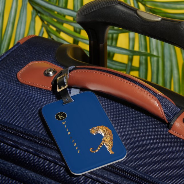 Étiquette À Bagage Sauvage et libre comme des tigres Monogramme Bleu  (Insitu Rectoal 1)