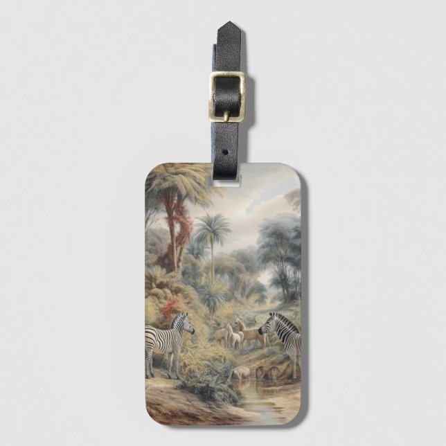 Étiquette À Bagage Scène botanique de zèbres dans une oasis (Devant Vertical)