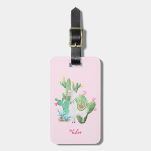 Étiquette À Bagage Scène d'aquarelle de lama et de cactus - rose en