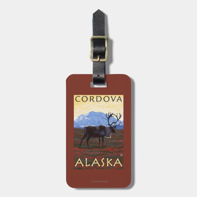 Étiquette À Bagage Scène de caribou - Cordova, Alaska (Devant Vertical)